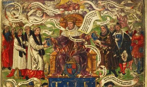 Enrique VIII entrega la Biblia a prelados y a laicos; Dios Padre aparece sobre el trono, entre filacterias.