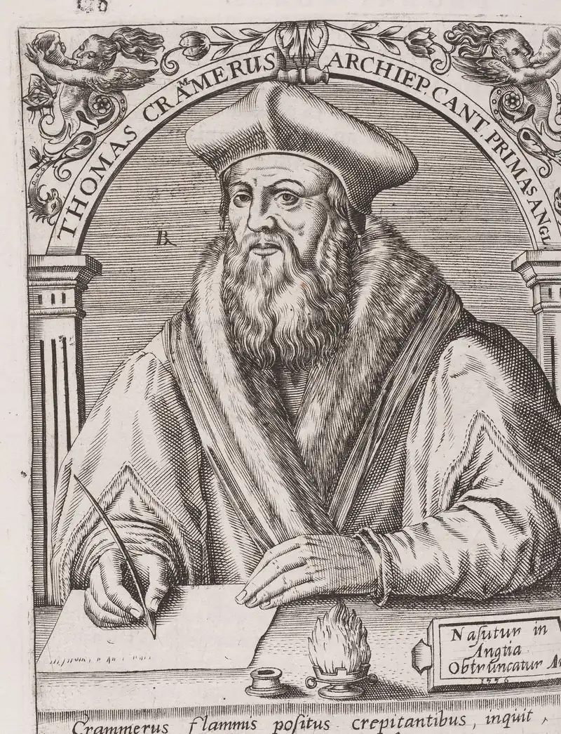 Grabado de Thomas Cranmer, arzobispo de Canterbury, sentado y escribiendo, dentro de un marco con su nombre en latín