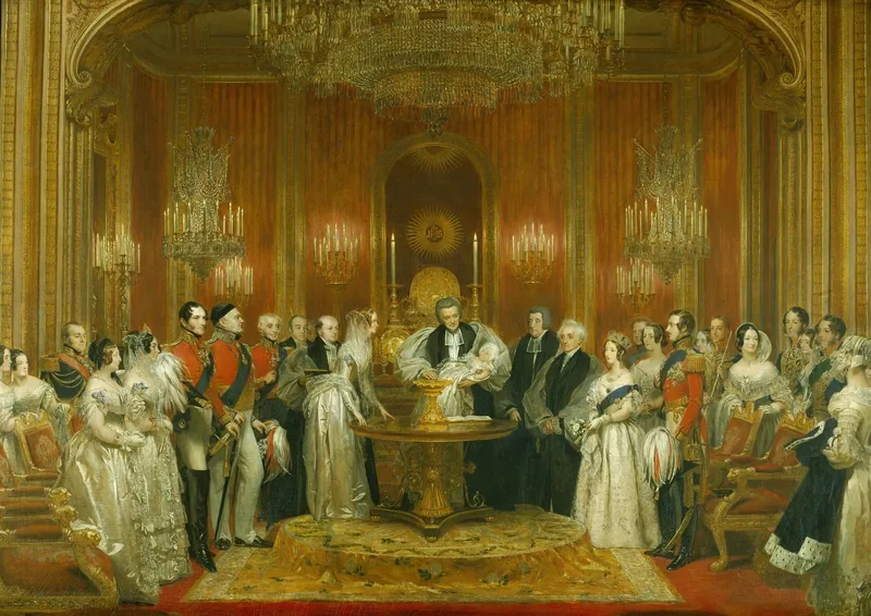 El arzobispo de Canterbury bautiza a una niña de pocos meses junto a una pila de plata, ante la familia real, en 1841