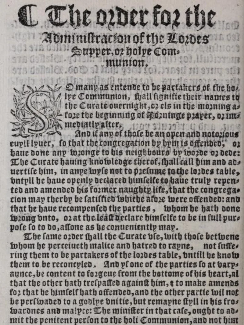 Página impresa en letra gótica del Libro de Oración Común de 1559: el comienzo del orden de la Cena del Señor o Santa Comunión