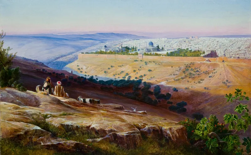 Vista de Jerusalén desde el monte de los Olivos: las murallas y la ciudad al fondo, y en primer plano la ladera rocosa con dos figuras sentadas