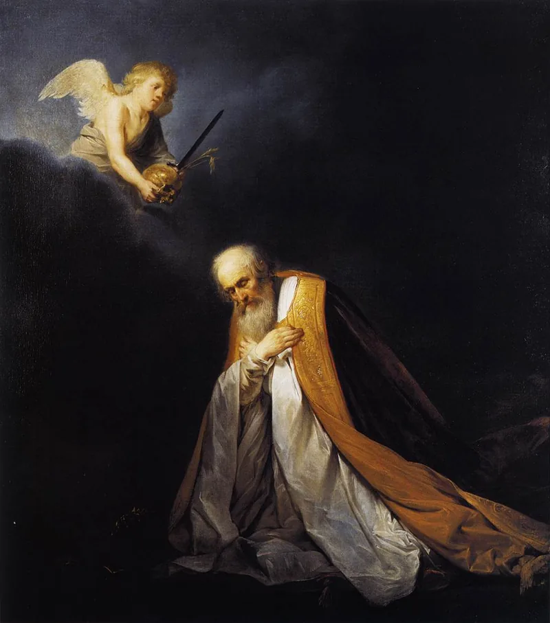 El rey David, arrodillado y arrepentido, alza los ojos hacia un ángel que lleva una espada sobre las nubes