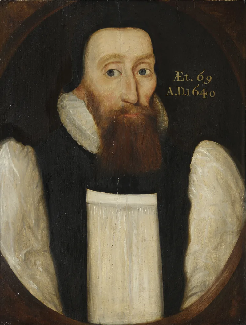 Retrato de John Davenant, obispo de Salisbury, de busto, con barba y vestiduras de obispo, a los 69 años