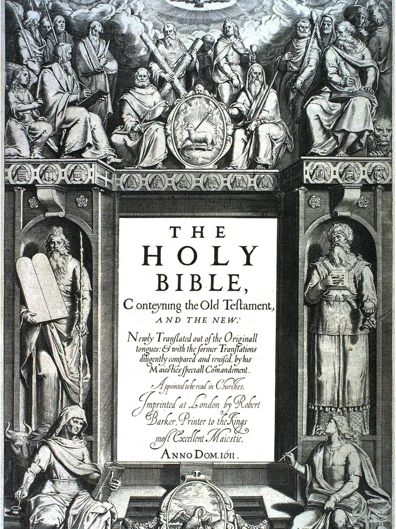 Portada grabada de la Biblia inglesa de 1611, con Moisés y Aarón a los lados del título y los apóstoles arriba