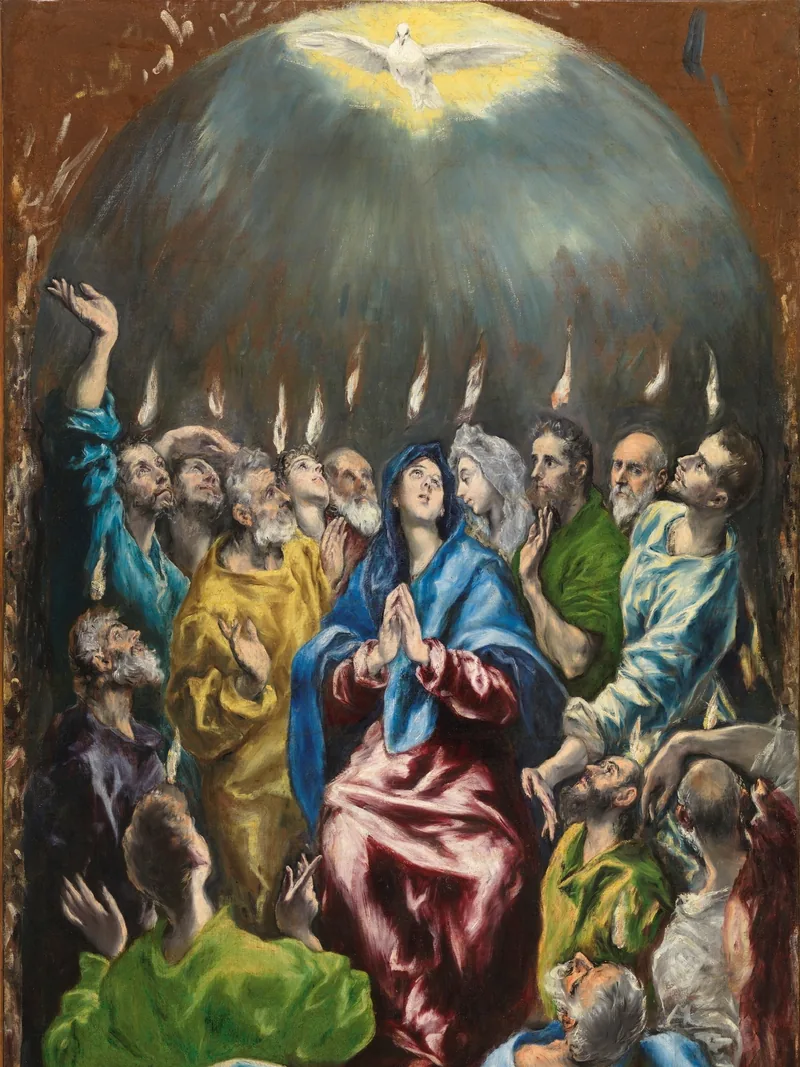El Espíritu Santo, en forma de paloma y de lenguas de fuego, desciende sobre la Virgen María y los apóstoles