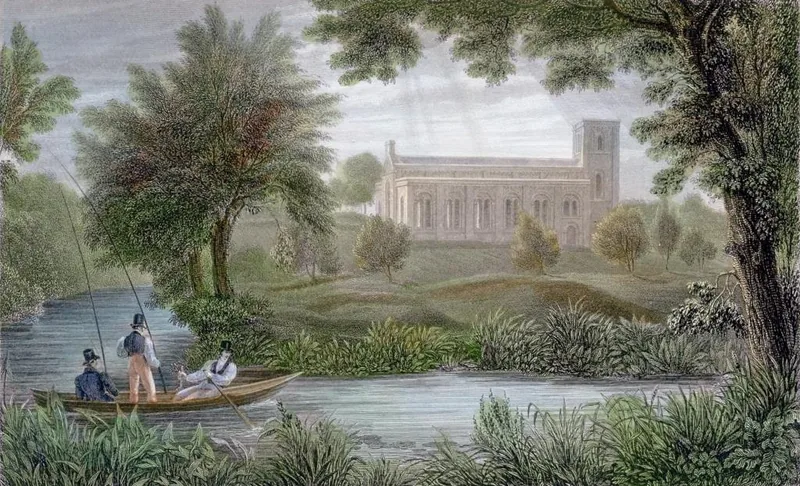 Grabado de la iglesia de St Clement, en Oxford, vista desde la orilla del río, con una barca en primer plano