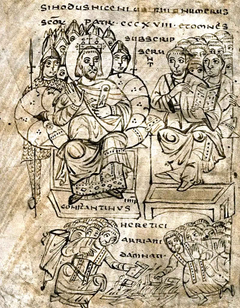Dibujo medieval a tinta: Constantino entronizado entre los padres del Concilio de Nicea y, debajo, la quema de los libros arrianos