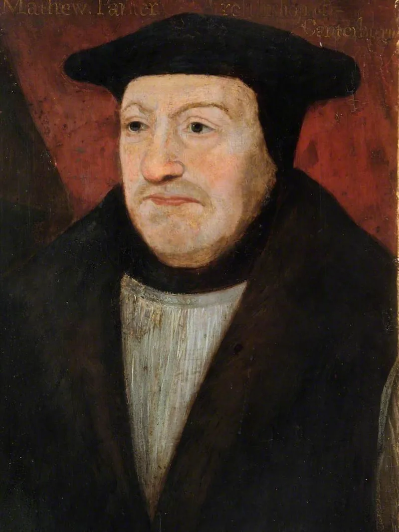 Retrato de Matthew Parker, arzobispo de Canterbury, de busto, con birrete negro y sobre fondo rojo oscuro