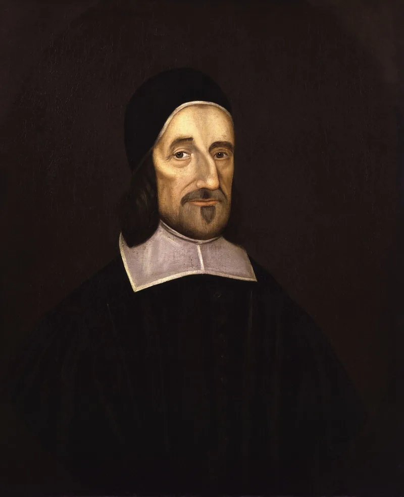 Retrato de Richard Baxter, de busto, con casquete negro y cuello blanco, sobre fondo oscuro