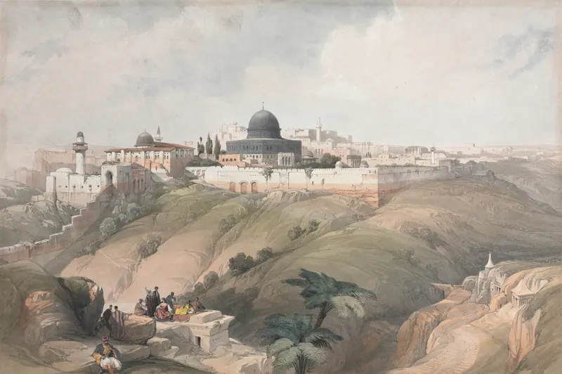 Vista de Jerusalén desde las colinas, con la Cúpula de la Roca y la explanada del Templo; unos viajeros descansan en primer plano