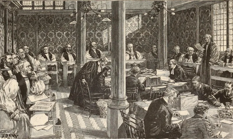 Grabado de los obispos de la provincia de Canterbury reunidos en sesión en torno a una mesa, presididos por el arzobispo