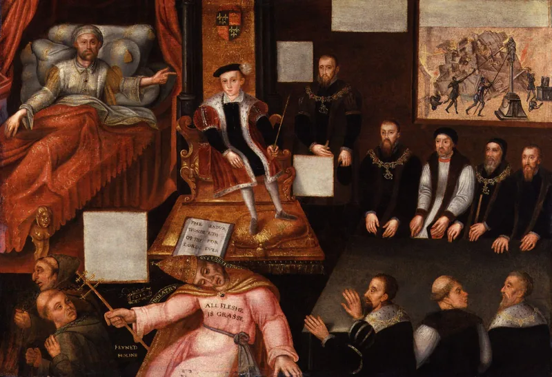 Pintura alegórica: Eduardo VI en su trono, Enrique VIII moribundo en la cama, y a sus pies el papa derribado bajo una Biblia abierta