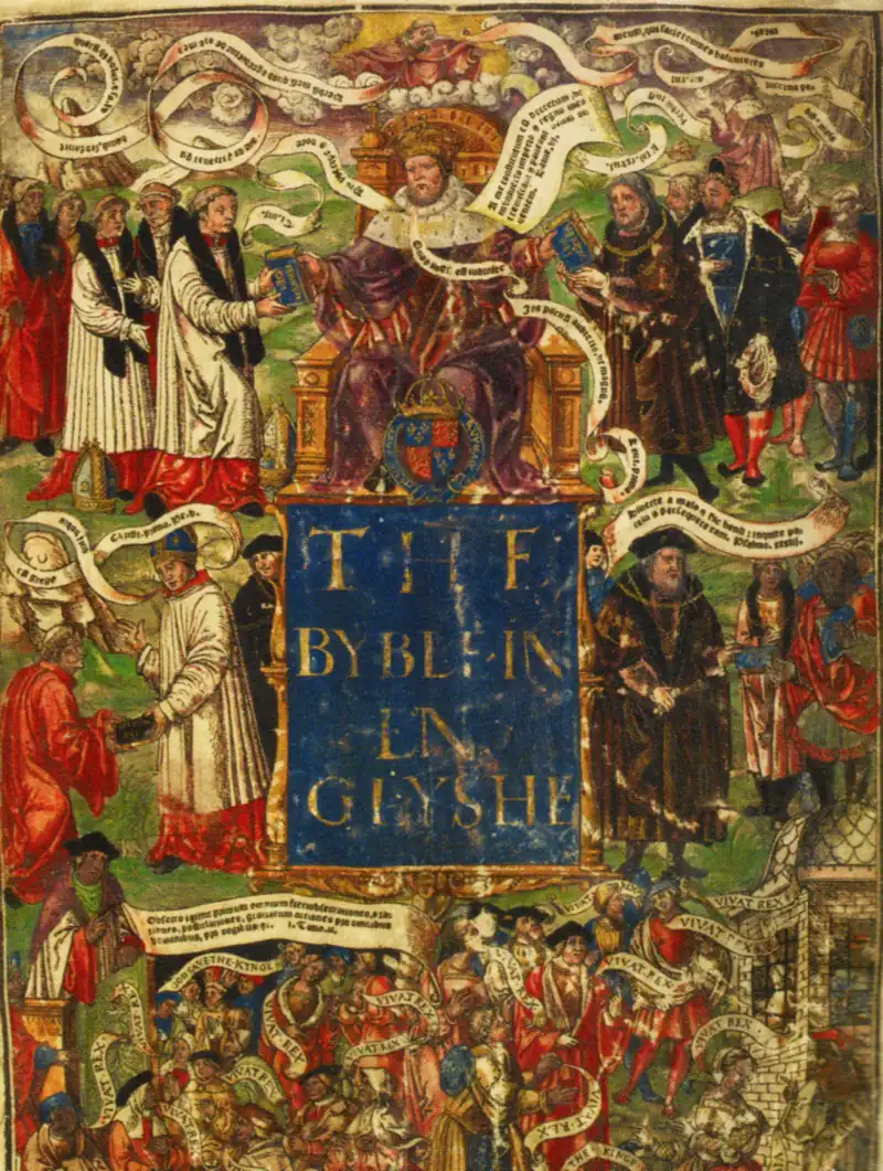 Portada coloreada de la Gran Biblia de 1539: Enrique VIII entrega la Biblia a obispos y nobles sobre el título «The Byble in Englyshe»