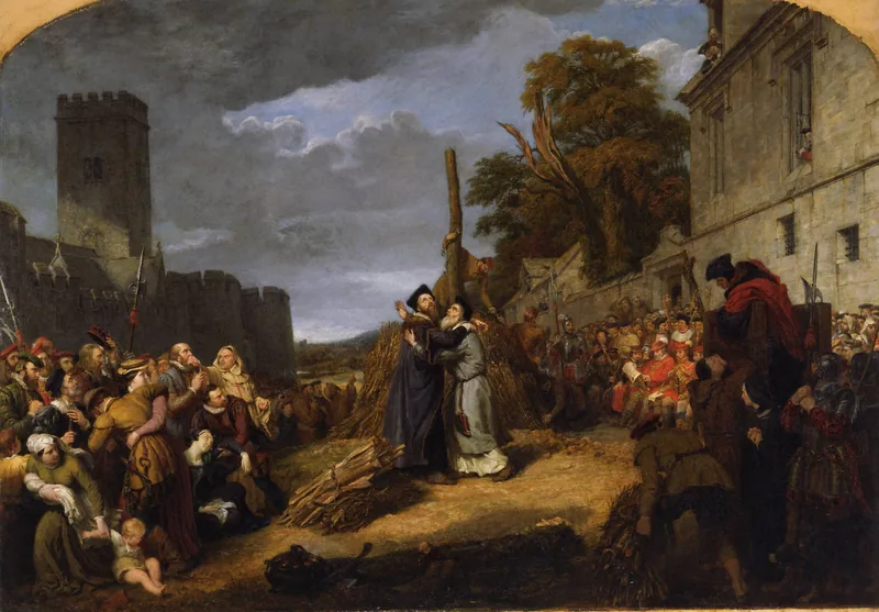 Latimer y Ridley junto a la estaca en Oxford, rodeados de una multitud, ante las murallas de la ciudad