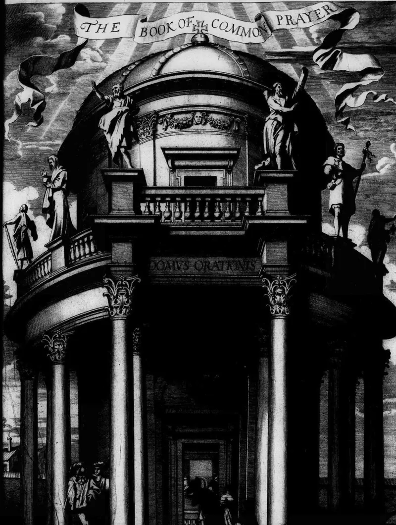 Frontispicio grabado del Libro de Oración Común de 1662: un templo con cúpula, estatuas y la cinta «The Book of Common Prayer»