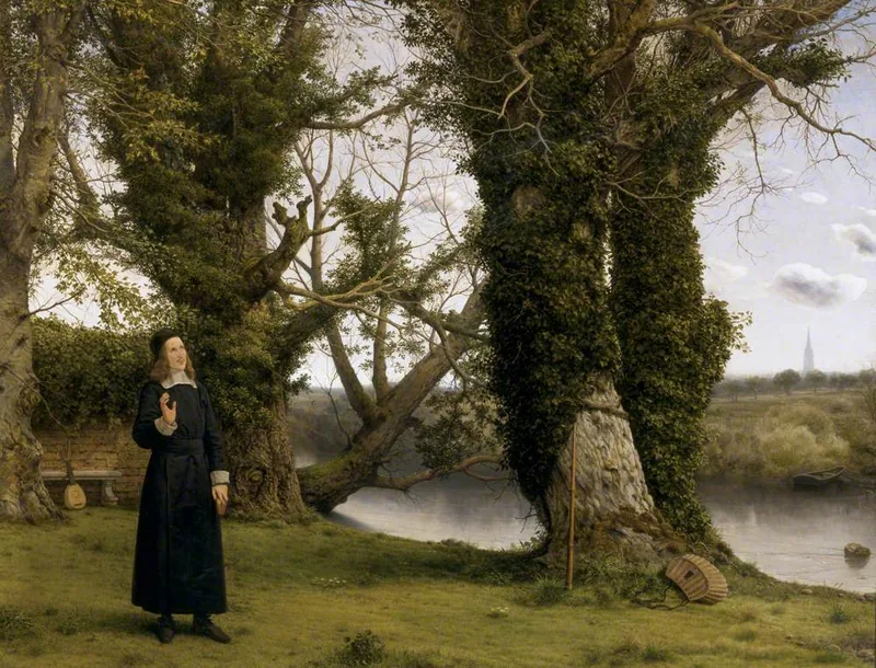 George Herbert, vestido de clérigo, de pie junto a un río bajo grandes árboles; al fondo, la aguja de la catedral de Salisbury