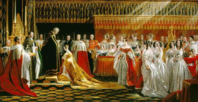 La joven reina Victoria, arrodillada ante el altar de la abadía de Westminster, recibe la comunión del arzobispo en su coronación de 1838