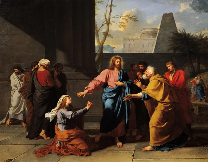 La mujer cananea, arrodillada, suplica a Cristo, que la mira entre sus discípulos, ante un pórtico de columnas