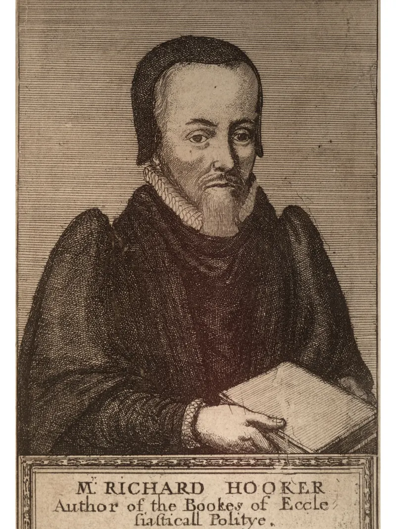 Grabado de Richard Hooker, autor de las Leyes del gobierno eclesiástico, de medio cuerpo, con un libro en la mano