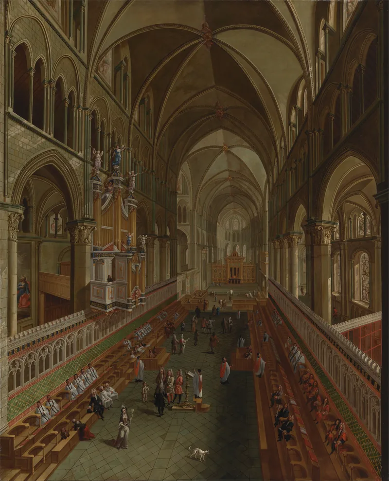 Interior de la catedral de Canterbury hacia 1715: el coro con sus sitiales y fieles bajo la bóveda gótica
