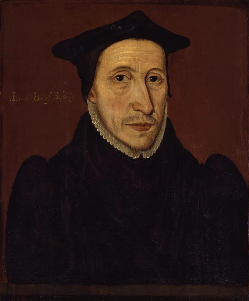 Retrato de John Jewel, obispo de Salisbury, de busto, con birrete negro y gola blanca, sobre fondo oscuro