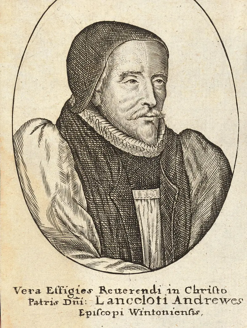 Grabado de Lancelot Andrewes, obispo de Winchester, de medio cuerpo, con roquete y gola, en un óvalo con su nombre en latín
