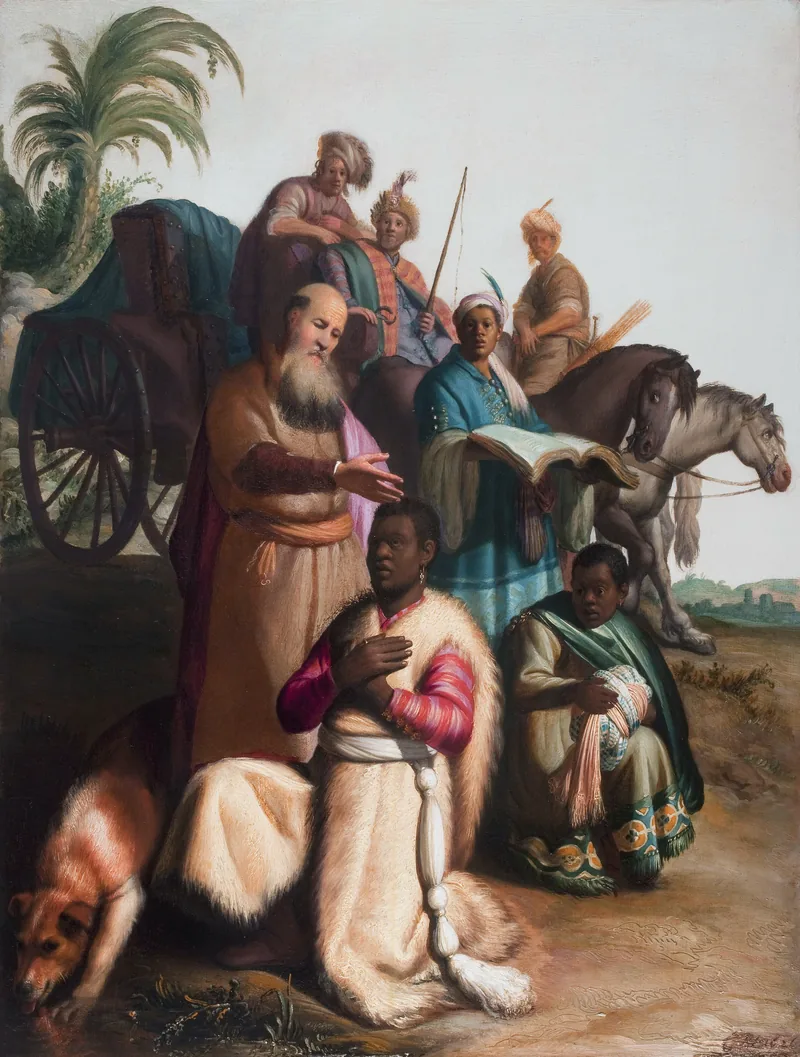 El diácono Felipe bautiza al eunuco etíope, arrodillado junto al camino; detrás, el carro y el séquito