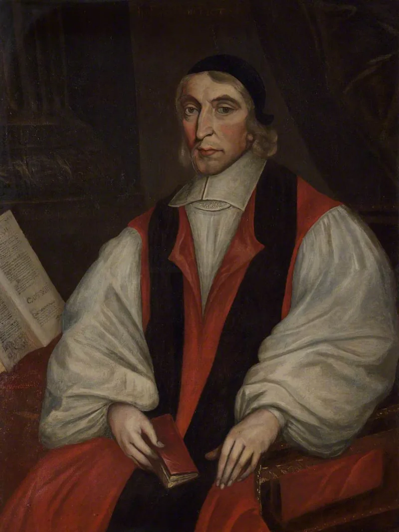 Retrato de John Cosin, obispo de Durham, sentado, con roquete blanco y muceta roja, y un libro en la mano
