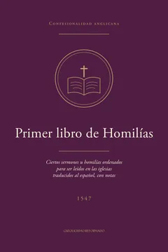 Cubierta morada del Primer libro de Homilías, de 1547, en la serie Confesionalidad anglicana: un libro abierto y una cruz en oro dentro de un círculo