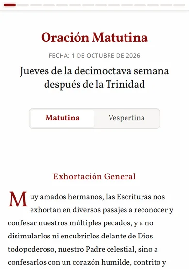 Captura de oracion.anglicanismo.com en un teléfono: la Oración Matutina, con el selector Matutina o Vespertina y el comienzo de la Exhortación General