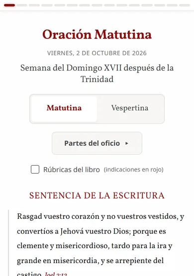 Captura de oracion.anglicanismo.com en un teléfono: la Oración Matutina, con el selector Matutina o Vespertina, el índice de partes del oficio y la Sentencia de la Escritura